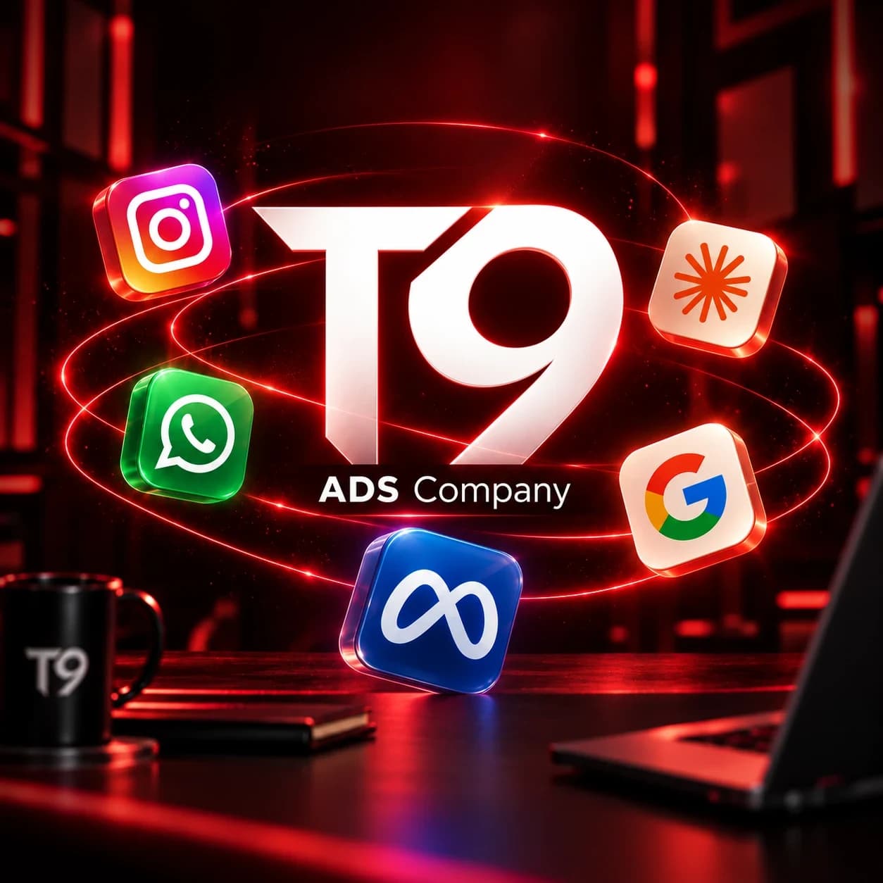 Logo da T9 ADS Company com os ícones de Instagram, WhatsApp, Meta, Google e IA orbitando ao redor